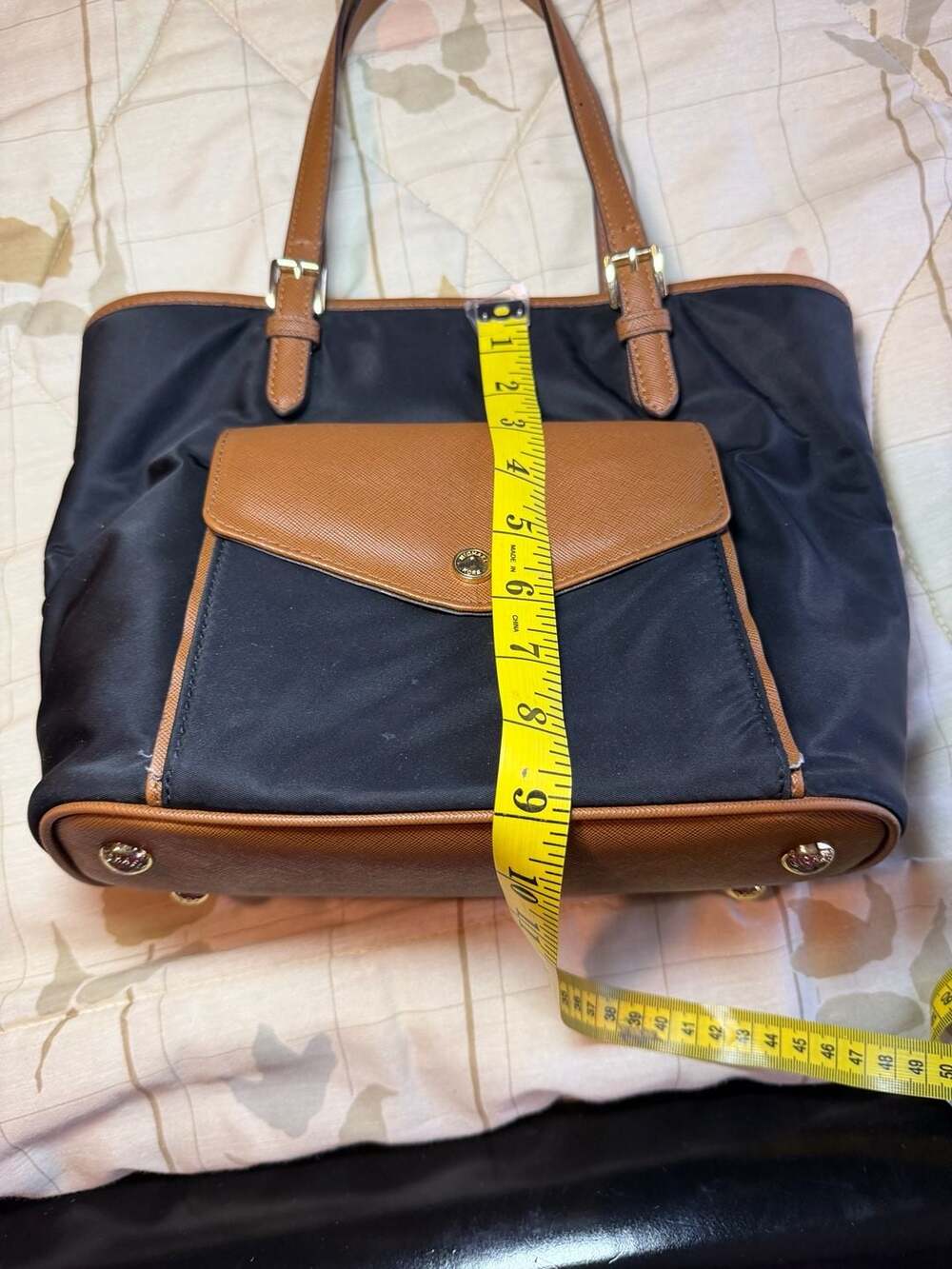 Michael Kors Black Nylon and Brown Saffiano Leather Tote Bag - Picture 11 of 15